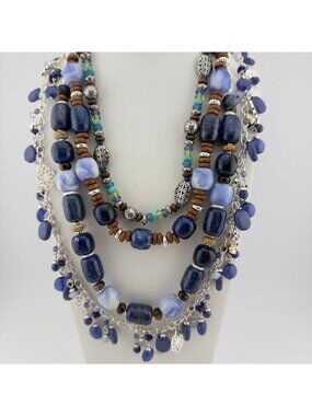 Chaps Ralph Lauren Beaded Necklace Set of 3 Layered Silver Tone Blue  Boho